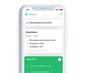 Schermafbeelding van de Coronalert app
